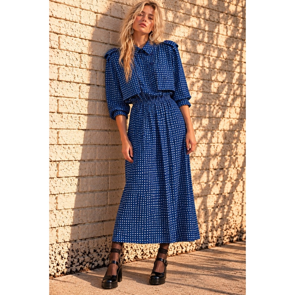 Vintage Liz Roberts Blue Paisley Pleated Secretary Midi Dress 80s Size 14
